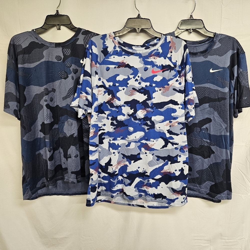 Lot Of 3 Nike T-Shirt Mens XL Fitted Blue Camo Dri-Fit Short Sleeve Performance